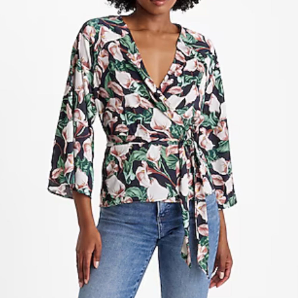 Floral V-Neck Kimono Sleeve Surplice Tie Waist Top